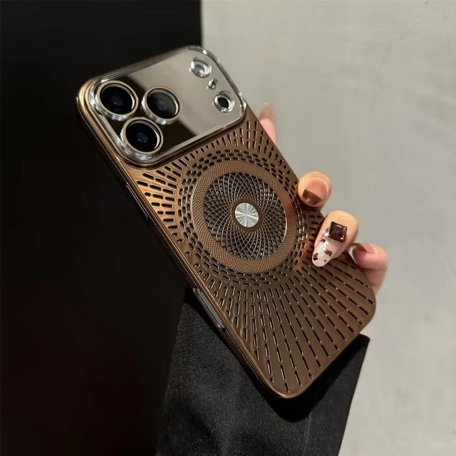 Luxury iPhone Case — Large-Window Litchi Texture MagSafe Cover with Rotating Bracket Stand and Shockproof TPU+PC Protective Design
