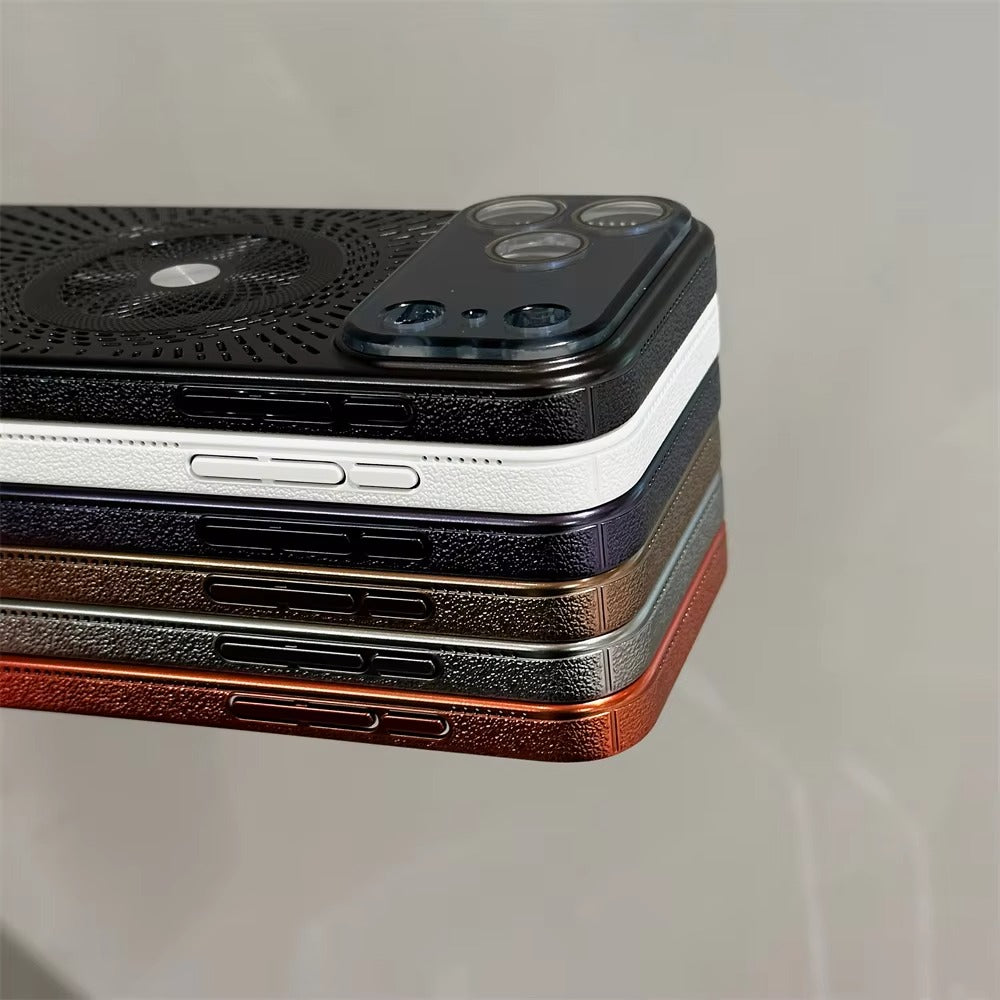 Luxury iPhone Case — Large-Window Litchi Texture MagSafe Cover with Rotating Bracket Stand and Shockproof TPU+PC Protective Design