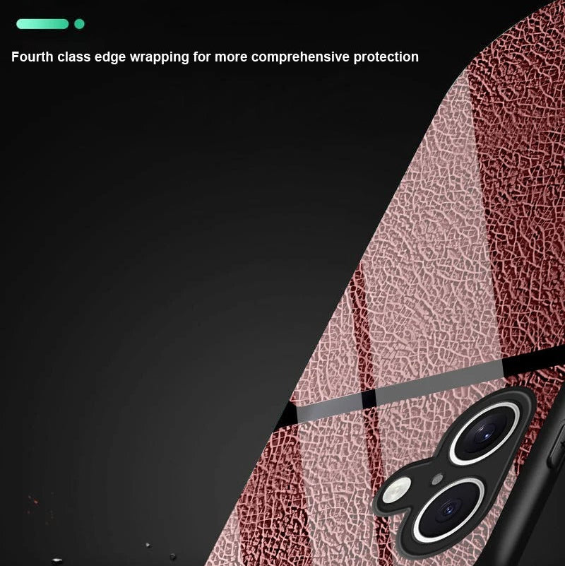 Luxury iPhone Case — Leather-Pattern Tempered Glass Cover with PC+TPU Hybrid Build, Anti-Fingerprint Waterproof Design & Full Screen/Lens Protection
