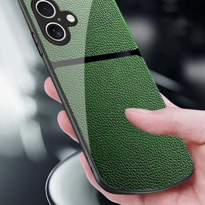 Luxury iPhone Case — Leather-Pattern Tempered Glass Cover with PC+TPU Hybrid Build, Anti-Fingerprint Waterproof Design & Full Screen/Lens Protection