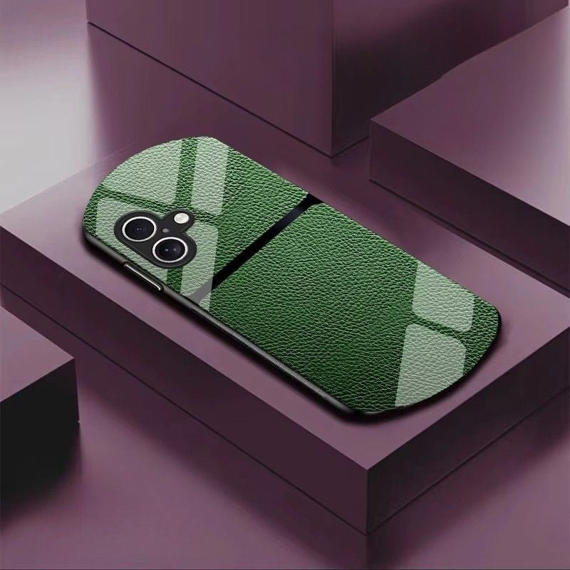 Luxury iPhone Case — Leather-Pattern Tempered Glass Cover with PC+TPU Hybrid Build, Anti-Fingerprint Waterproof Design & Full Screen/Lens Protection