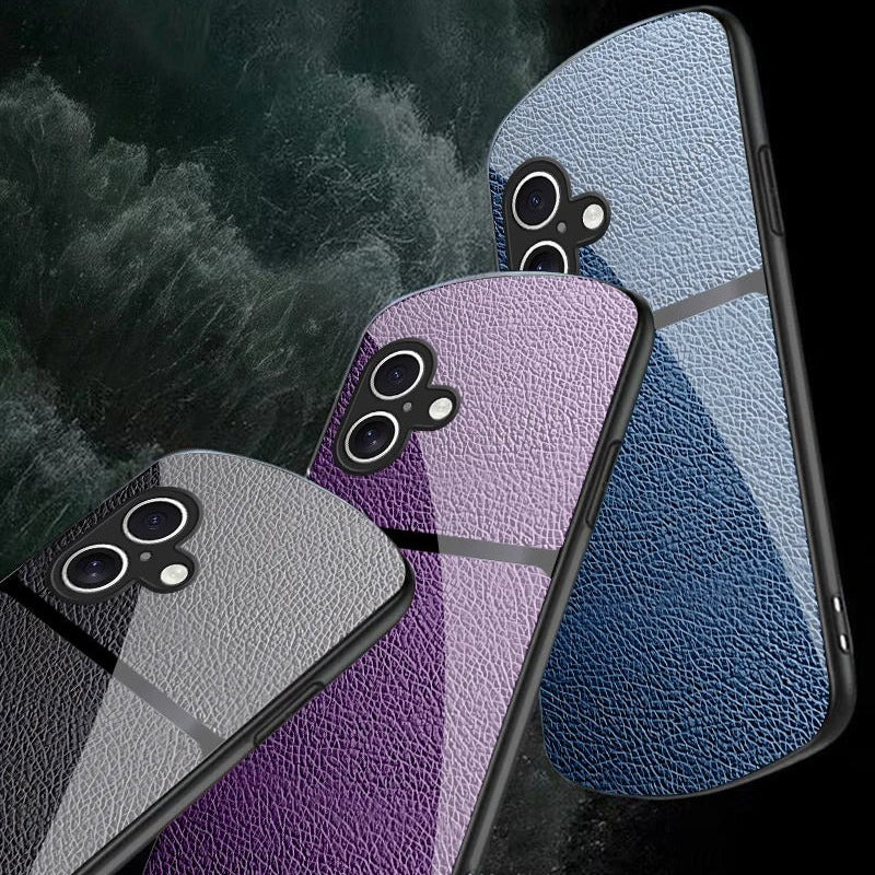 Luxury iPhone Case — Leather-Pattern Tempered Glass Cover with PC+TPU Hybrid Build, Anti-Fingerprint Waterproof Design & Full Screen/Lens Protection