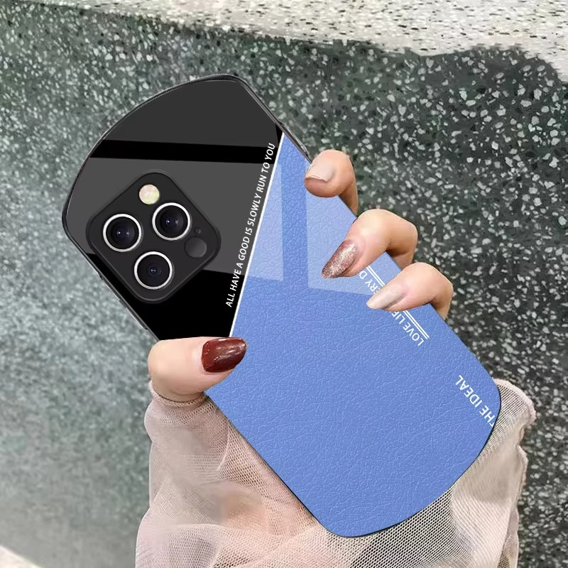 Luxury iPhone Case — Leather Grid Element Tempered-Glass Cover with PC+TPU Build, Full Screen & Lens Protection, Waterproof Anti-Fingerprint Design & Ultra-Thin Style