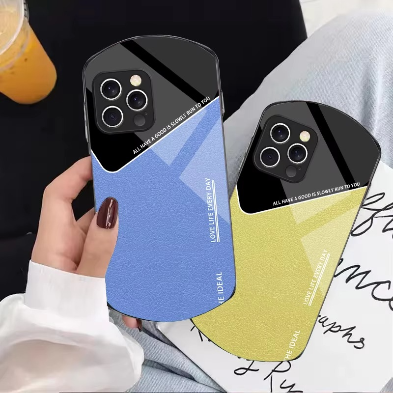 Luxury iPhone Case — Leather Grid Element Tempered-Glass Cover with PC+TPU Build, Full Screen & Lens Protection, Waterproof Anti-Fingerprint Design & Ultra-Thin Style