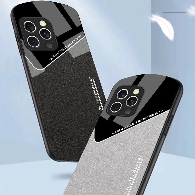 Luxury iPhone Case — Leather Grid Element Tempered-Glass Cover with PC+TPU Build, Full Screen & Lens Protection, Waterproof Anti-Fingerprint Design & Ultra-Thin Style