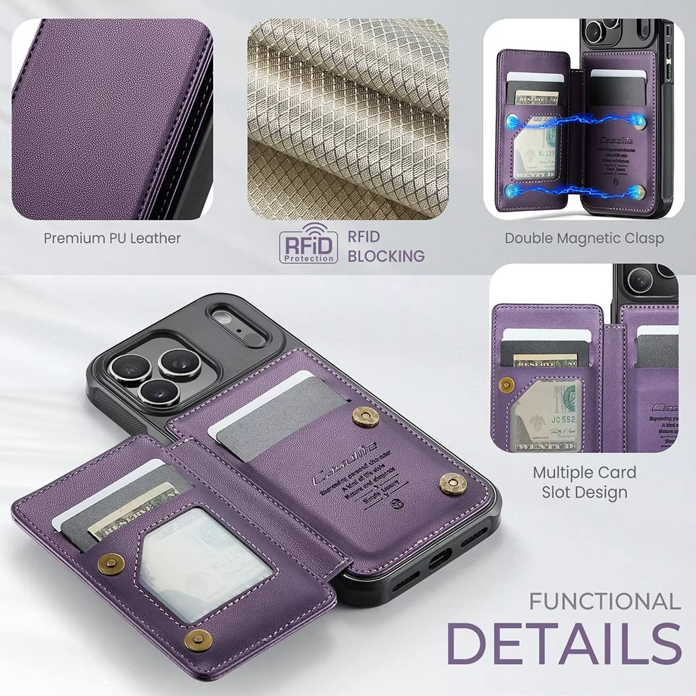 Luxury iPhone Case — Leather RFID Card Wallet with Magnetic Shockproof Cover, Anti-Fingerprint Anti-Scratch, Non-Slip Plain and Geometric Design