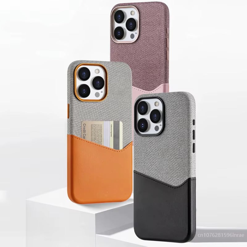 Luxury iPhone Case — Linen PU Leather MagSafe Cover with Card Slot Holder, Shockproof Full-Protection Design and Matte Anti-Fingerprint Finish