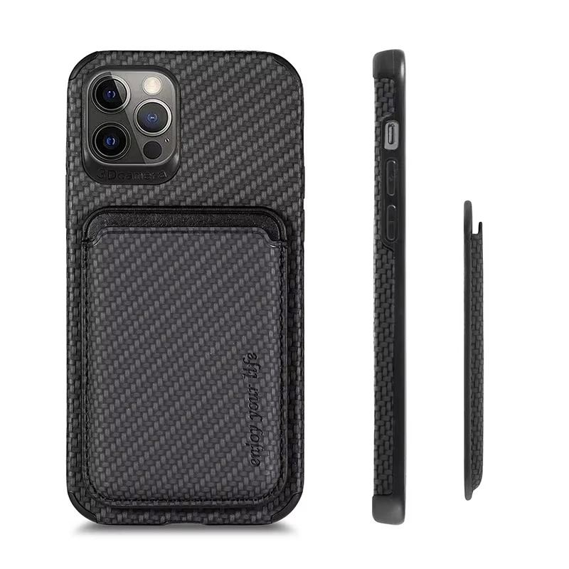 Luxury iPhone Case — MagSafe Carbon-Fiber Style PU Leather Cover with Magnetic Card Holder, Shockproof PC+TPU Protection and Matte Anti-Fingerprint Finish