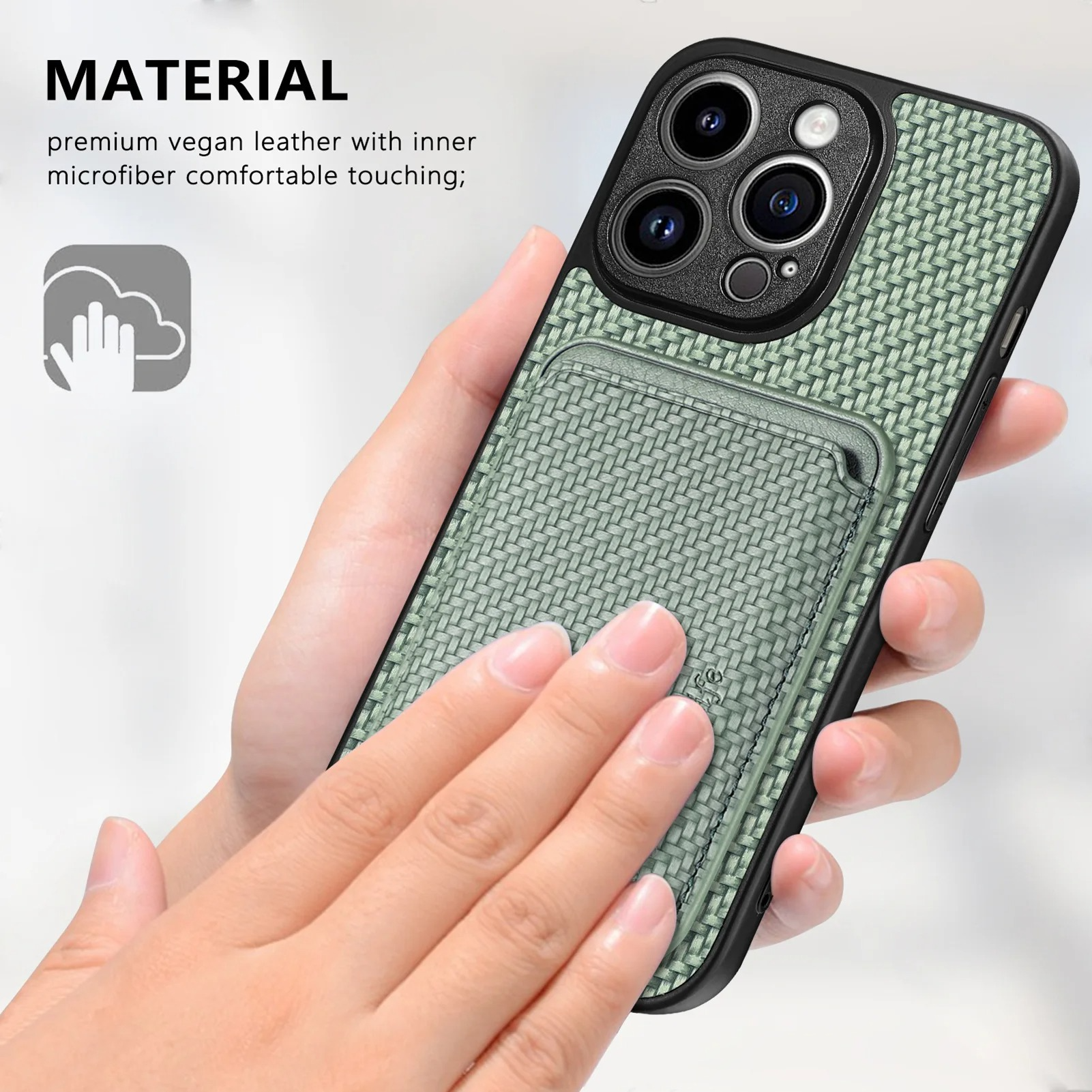 Luxury iPhone Case — MagSafe Carbon-Fiber Style PU Leather Cover with Magnetic Card Holder, Shockproof PC+TPU Protection and Matte Anti-Fingerprint Finish