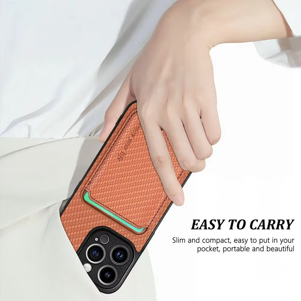Luxury iPhone Case — MagSafe Carbon-Fiber Style PU Leather Cover with Magnetic Card Holder, Shockproof PC+TPU Protection and Matte Anti-Fingerprint Finish