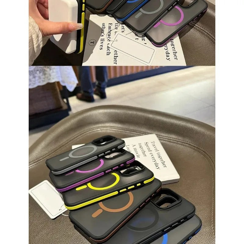 Luxury iPhone Case — MagSafe Colorblock Translucent Frosted Cover with Shockproof Anti-Slip Design and Stylish Matte Finish