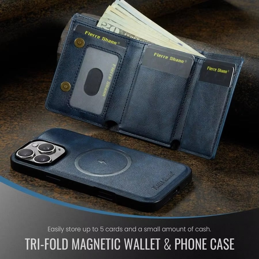 Luxury iPhone Case — MagSafe Detachable Leather Wallet Cover with Magnetic Stand, 5-Card Storage, Retro Design and Wireless-Charging Safe Back Case