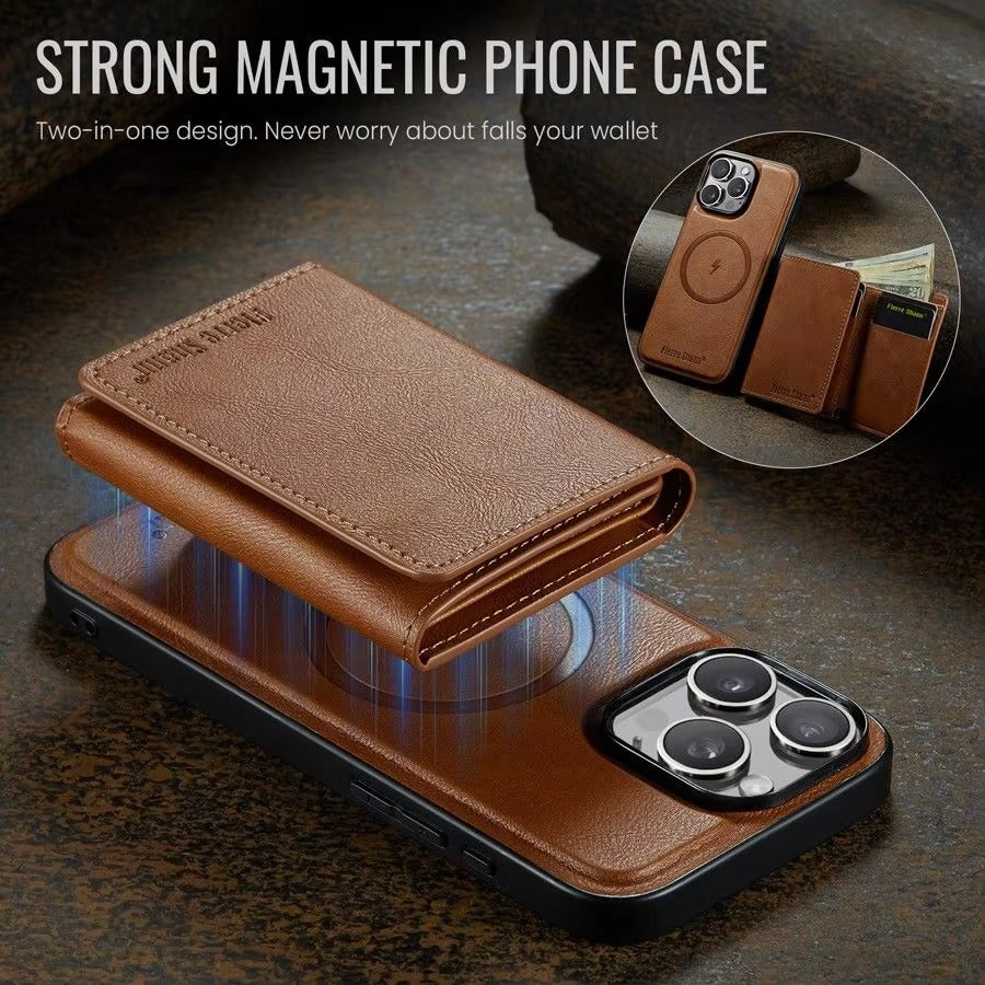 Luxury iPhone Case — MagSafe Detachable Leather Wallet Cover with Magnetic Stand, 5-Card Storage, Retro Design and Wireless-Charging Safe Back Case
