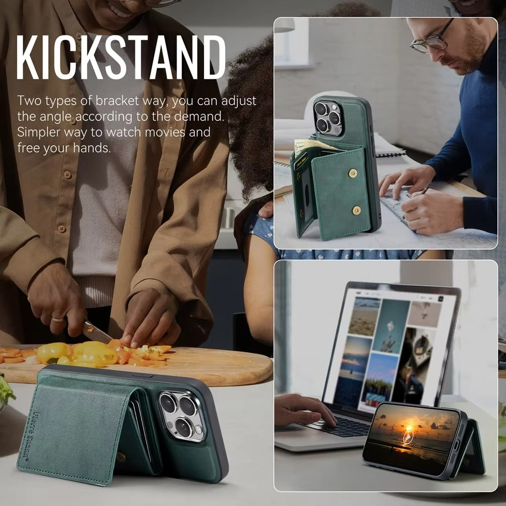 Luxury iPhone Case — MagSafe Detachable Leather Wallet Cover with Magnetic Stand, 5-Card Storage, Retro Design and Wireless-Charging Safe Back Case