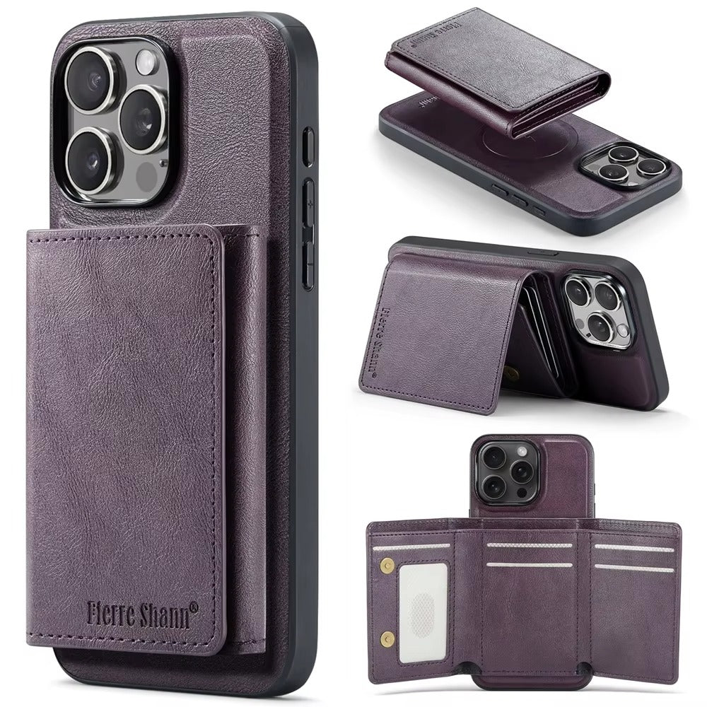 Luxury iPhone Case — MagSafe Detachable Leather Wallet Cover with Magnetic Stand, 5-Card Storage, Retro Design and Wireless-Charging Safe Back Case