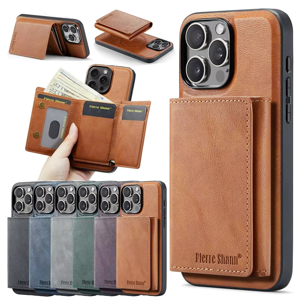 Luxury iPhone Case — MagSafe Detachable Leather Wallet Cover with Magnetic Stand, 5-Card Storage, Retro Design and Wireless-Charging Safe Back Case