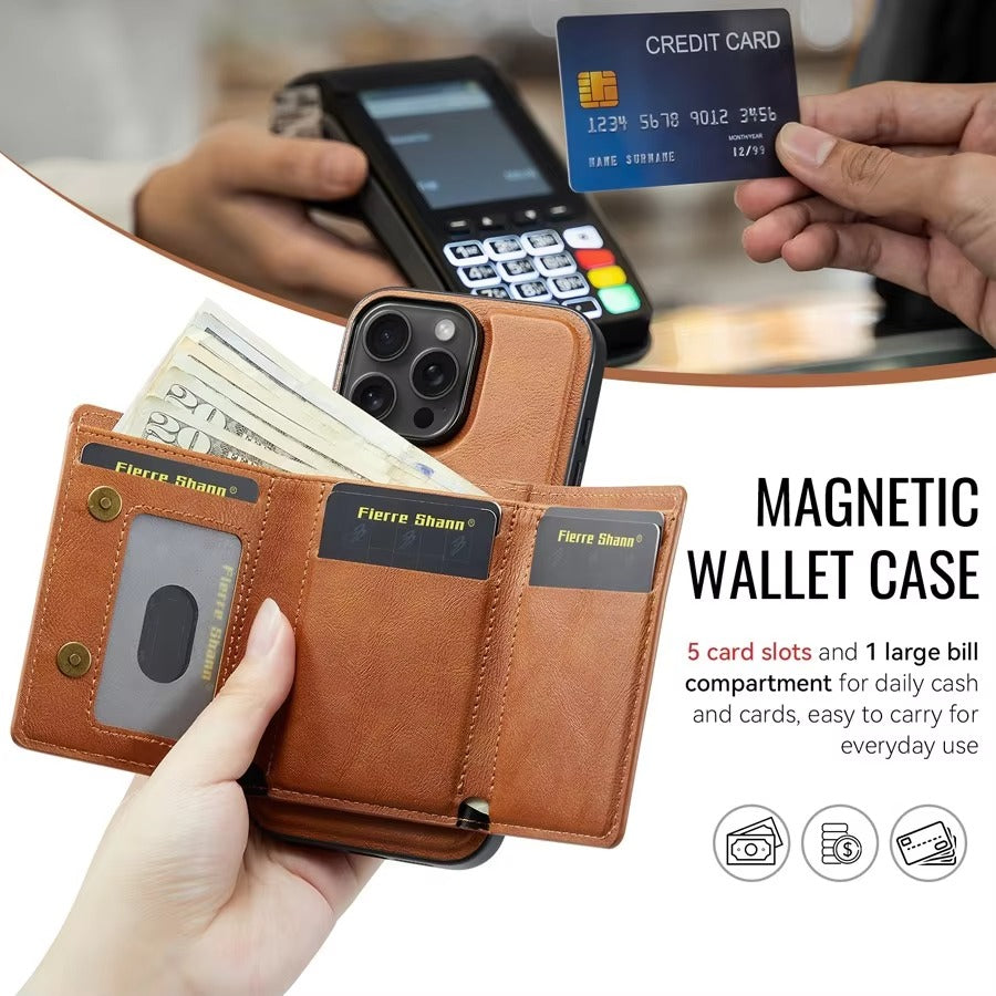 Luxury iPhone Case — MagSafe Detachable Leather Wallet Cover with Magnetic Stand, 5-Card Storage, Retro Design and Wireless-Charging Safe Back Case