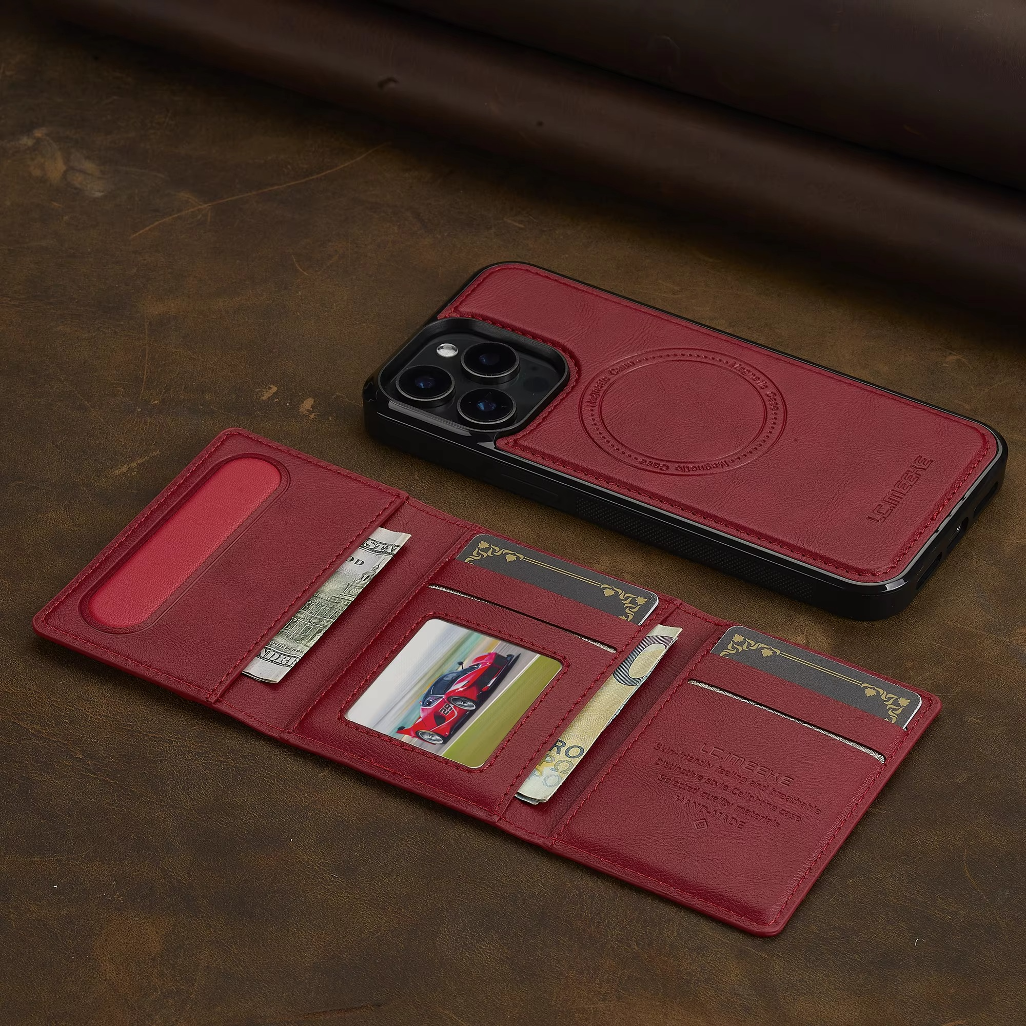 Luxury iPhone Case — MagSafe Detachable PU Leather Wallet Cover with Card Holder, Magnetic Back, Wireless-Charging Safe and Anti-Fingerprint Design