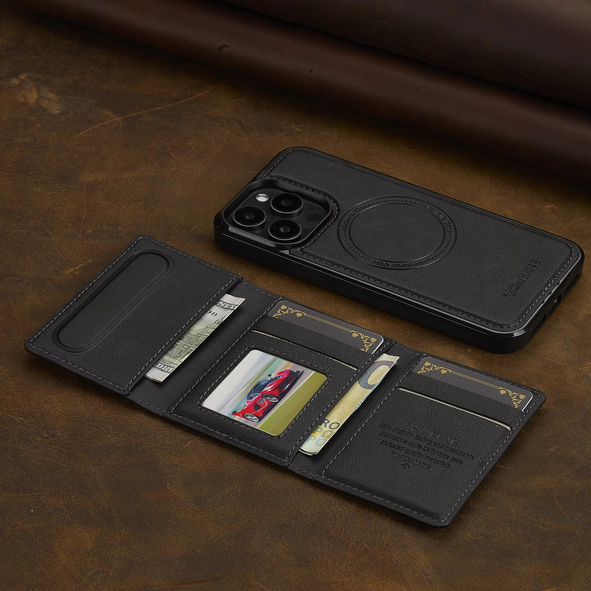 Luxury iPhone Case — MagSafe Detachable PU Leather Wallet Cover with Card Holder, Magnetic Back, Wireless-Charging Safe and Anti-Fingerprint Design