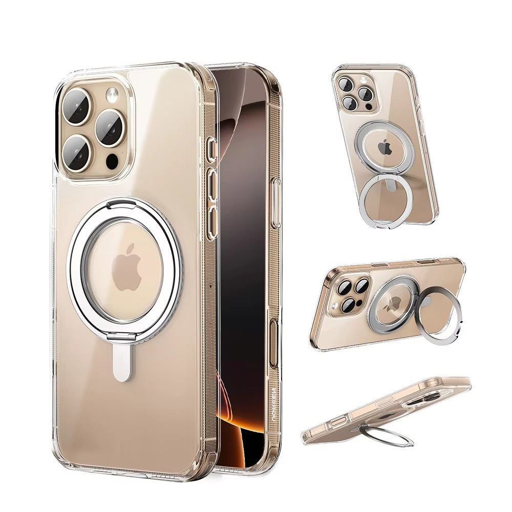 Luxury iPhone Case — MagSafe Magnetic 360° Rotating Stand Cover with PC+TPU Protection, Anti-Fingerprint Non-Slip Design and Dustproof Transparent Finish