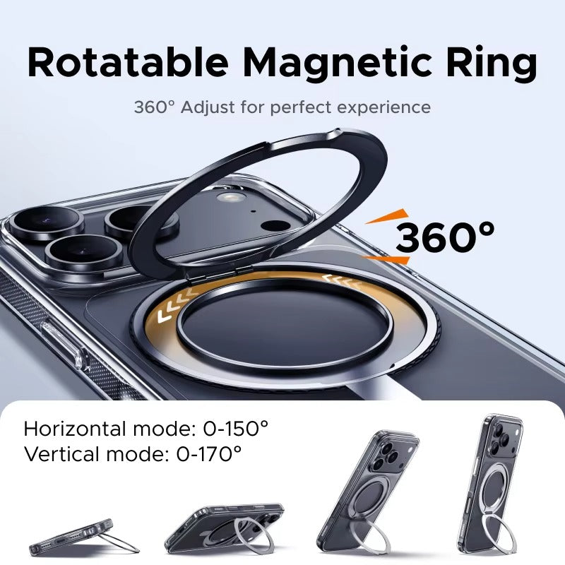 Luxury iPhone Case — MagSafe Magnetic 360° Rotating Stand Cover with PC+TPU Protection, Anti-Fingerprint Non-Slip Design and Dustproof Transparent Finish