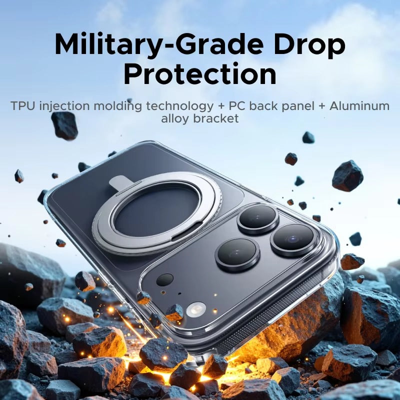 Luxury iPhone Case — MagSafe Magnetic 360° Rotating Stand Cover with PC+TPU Protection, Anti-Fingerprint Non-Slip Design and Dustproof Transparent Finish