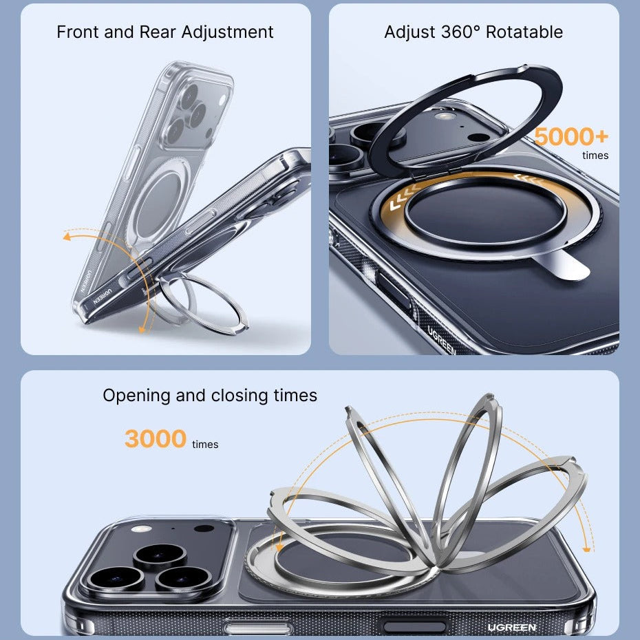 Luxury iPhone Case — MagSafe Magnetic 360° Rotating Stand Cover with PC+TPU Protection, Anti-Fingerprint Non-Slip Design and Dustproof Transparent Finish