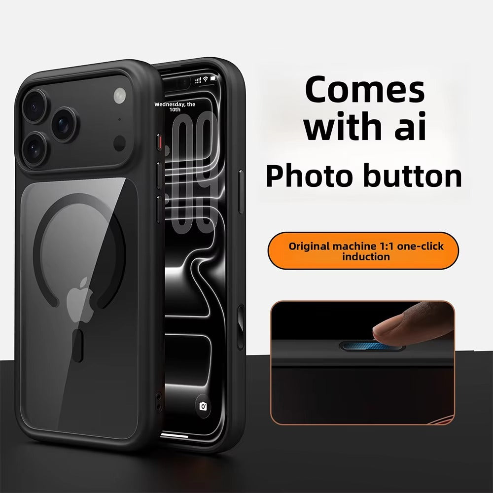 Luxury iPhone Case — MagSafe Transparent Soft Cover with Metal Buttons, Skin-Feel Matte Design, Shockproof Anti-Fingerprint Non-Slip Protection