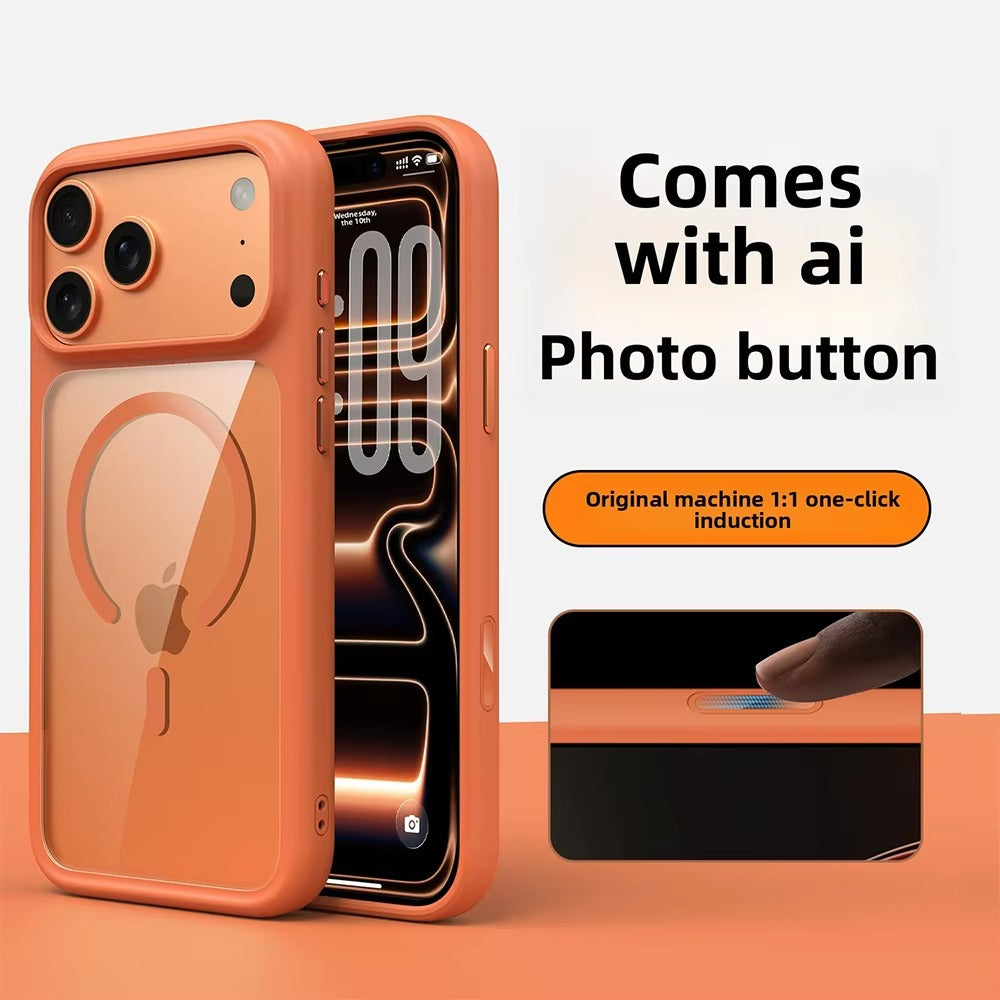 Luxury iPhone Case — MagSafe Transparent Soft Cover with Metal Buttons, Skin-Feel Matte Design, Shockproof Anti-Fingerprint Non-Slip Protection