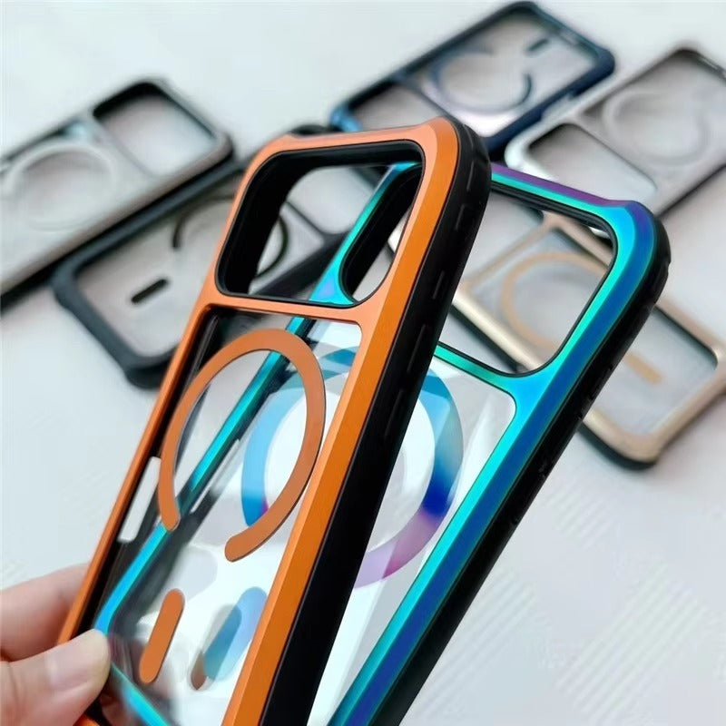 Luxury iPhone Case — Magnetic Aluminum-Frame Transparent Cover with Shockproof Hard PC Back and MagSafe Wireless-Charging Safe Design