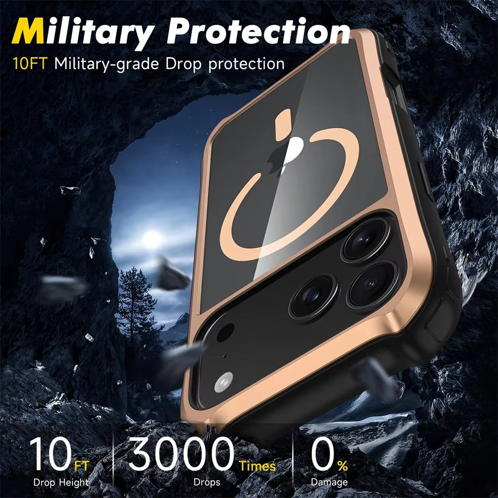 Luxury iPhone Case — Magnetic Aluminum-Frame Transparent Cover with Shockproof Hard PC Back and MagSafe Wireless-Charging Safe Design