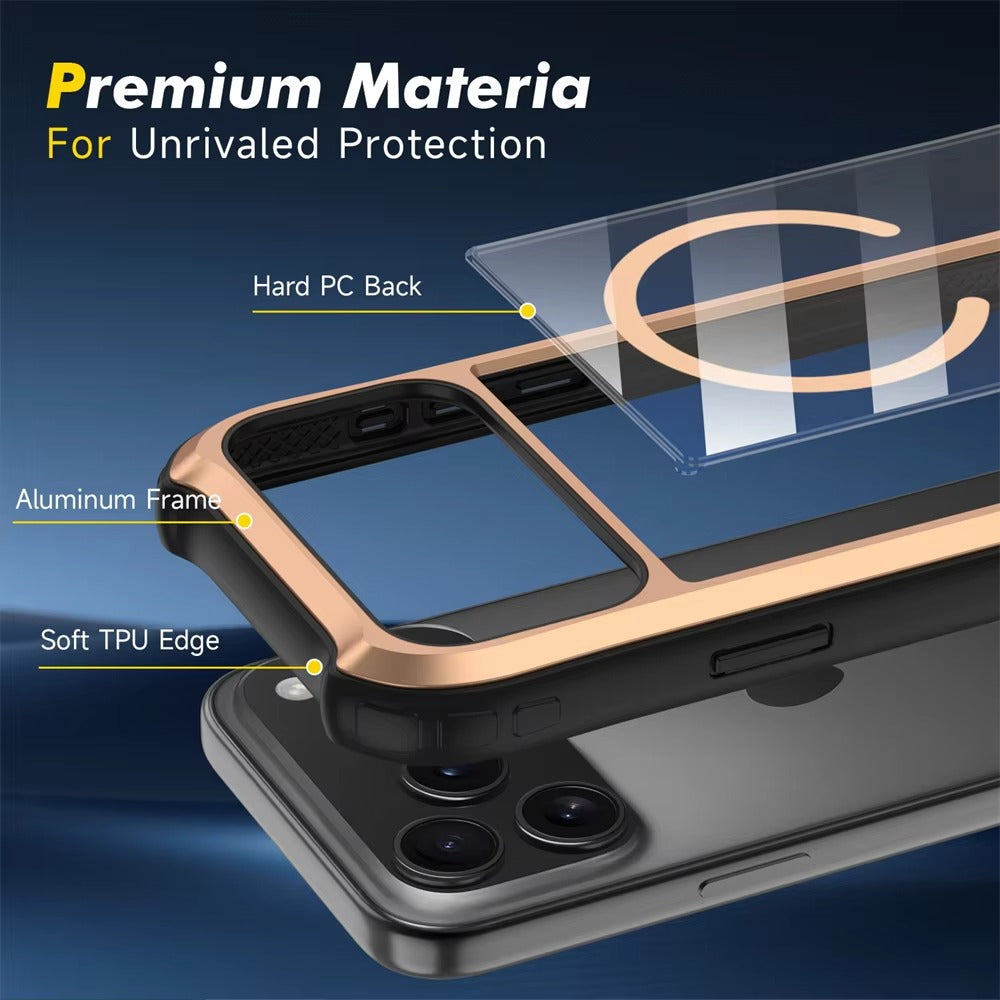 Luxury iPhone Case — Magnetic Aluminum-Frame Transparent Cover with Shockproof Hard PC Back and MagSafe Wireless-Charging Safe Design