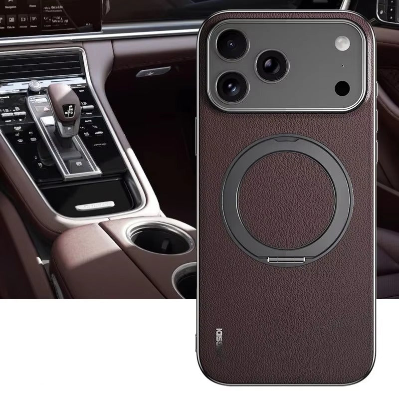 Luxury iPhone Case — Magnetic Cowhide Leather Cover with 360° Rotating Ring Holder, Full Lens Protection and Shockproof PC+TPU Design