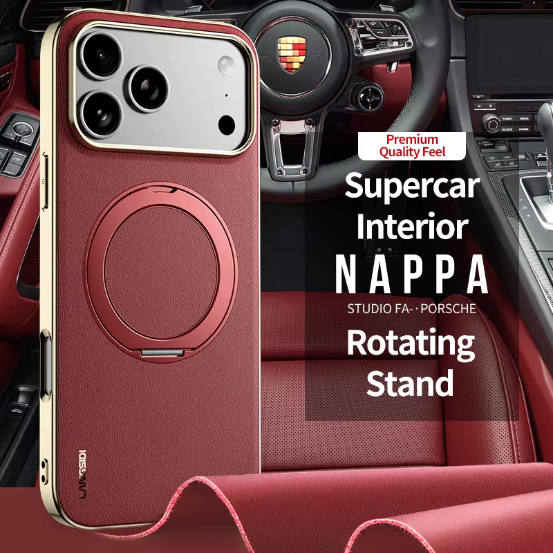 Luxury iPhone Case — Magnetic Cowhide Leather Cover with 360° Rotating Ring Holder, Full Lens Protection and Shockproof PC+TPU Design