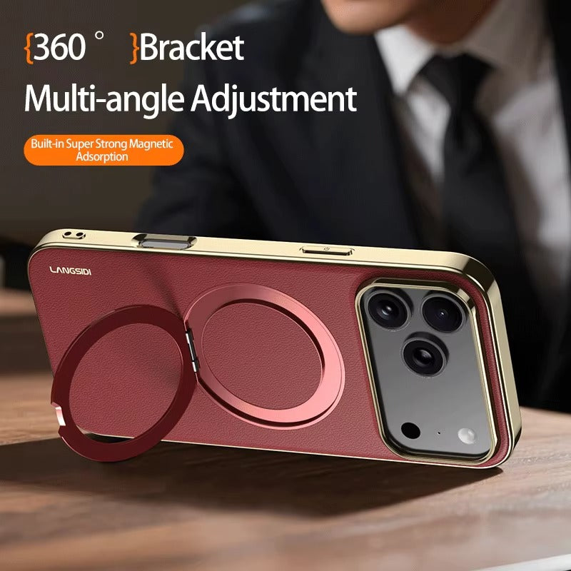Luxury iPhone Case — Magnetic Cowhide Leather Cover with 360° Rotating Ring Holder, Full Lens Protection and Shockproof PC+TPU Design