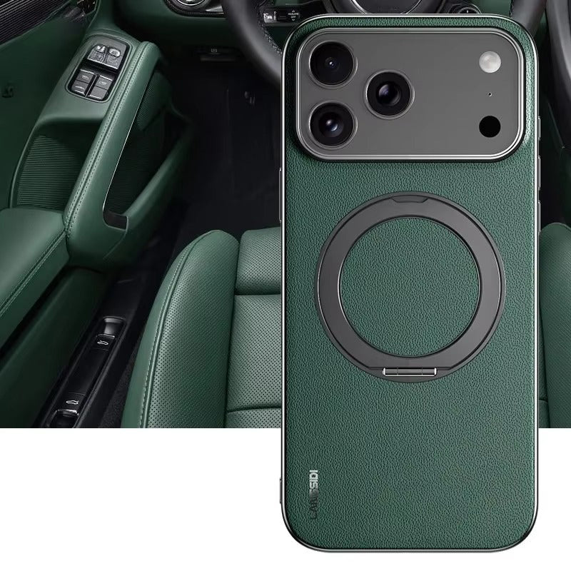 Luxury iPhone Case — Magnetic Cowhide Leather Cover with 360° Rotating Ring Holder, Full Lens Protection and Shockproof PC+TPU Design