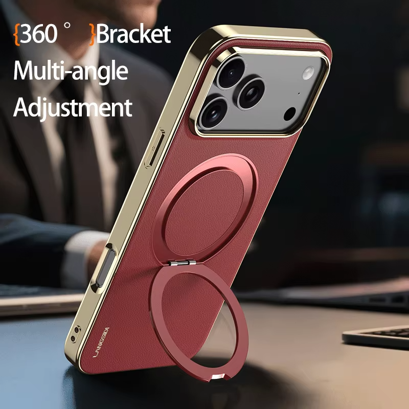 Luxury iPhone Case — Magnetic Cowhide Leather Cover with 360° Rotating Ring Holder, Full Lens Protection and Shockproof PC+TPU Design