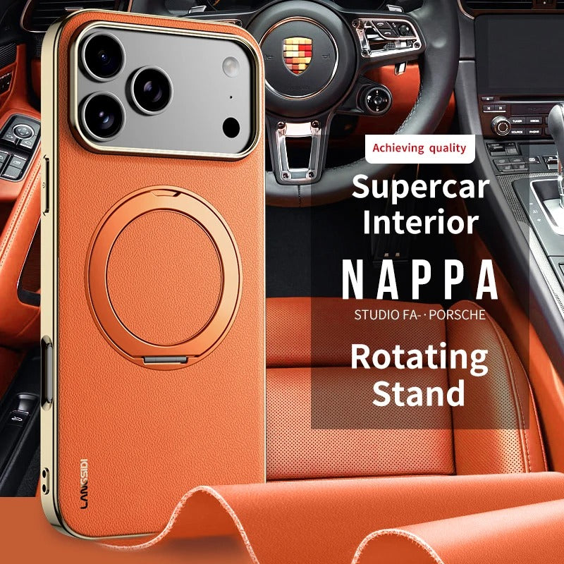 Luxury iPhone Case — Magnetic Cowhide Leather Cover with 360° Rotating Ring Holder, Full Lens Protection and Shockproof PC+TPU Design