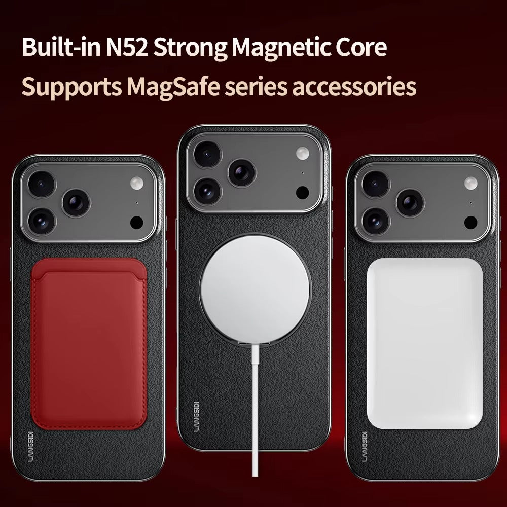 Luxury iPhone Case — Magnetic Cowhide Leather Cover with 360° Rotating Ring Holder, Full Lens Protection and Shockproof PC+TPU Design