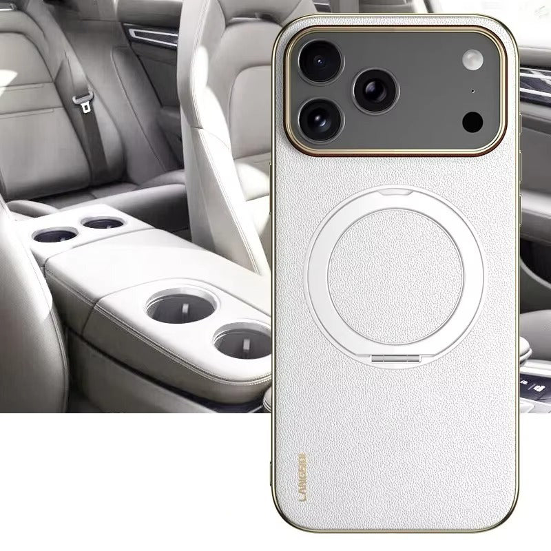 Luxury iPhone Case — Magnetic Cowhide Leather Cover with 360° Rotating Ring Holder, Full Lens Protection and Shockproof PC+TPU Design