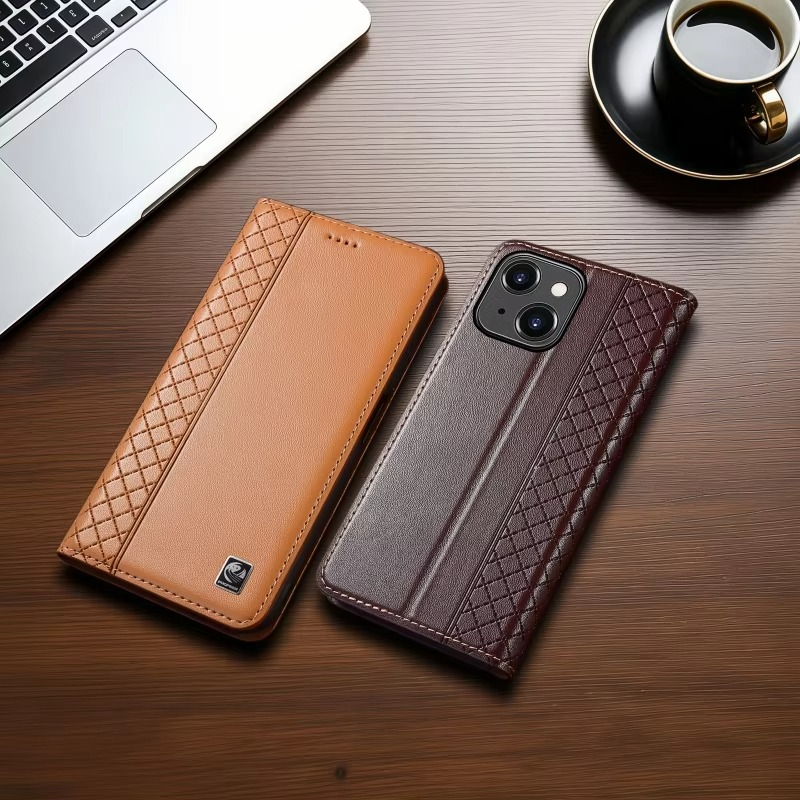 Luxury iPhone Case — Magnetic Flip Wallet Cover with Grid Pattern Cowhide Leather, Kickstand Function & Full-Protection TPU Bumper