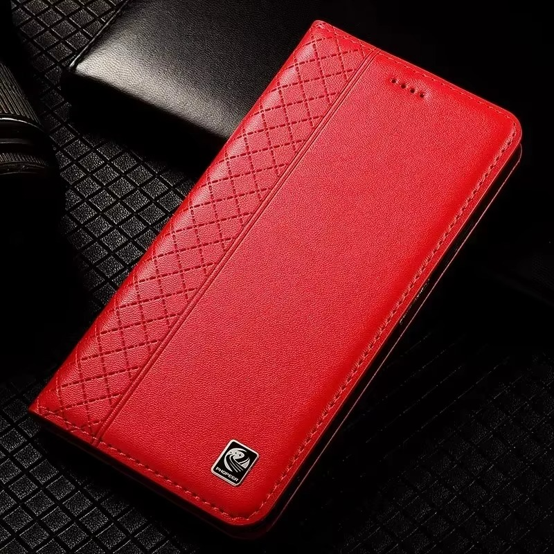 Luxury iPhone Case — Magnetic Flip Wallet Cover with Grid Pattern Cowhide Leather, Kickstand Function & Full-Protection TPU Bumper