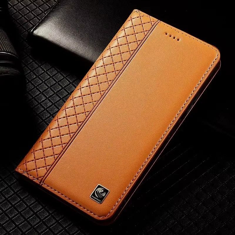 Luxury iPhone Case — Magnetic Flip Wallet Cover with Grid Pattern Cowhide Leather, Kickstand Function & Full-Protection TPU Bumper