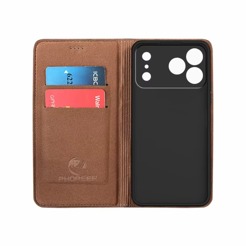 Luxury iPhone Case — Magnetic Flip Wallet Cover with Grid Pattern Cowhide Leather, Kickstand Function & Full-Protection TPU Bumper