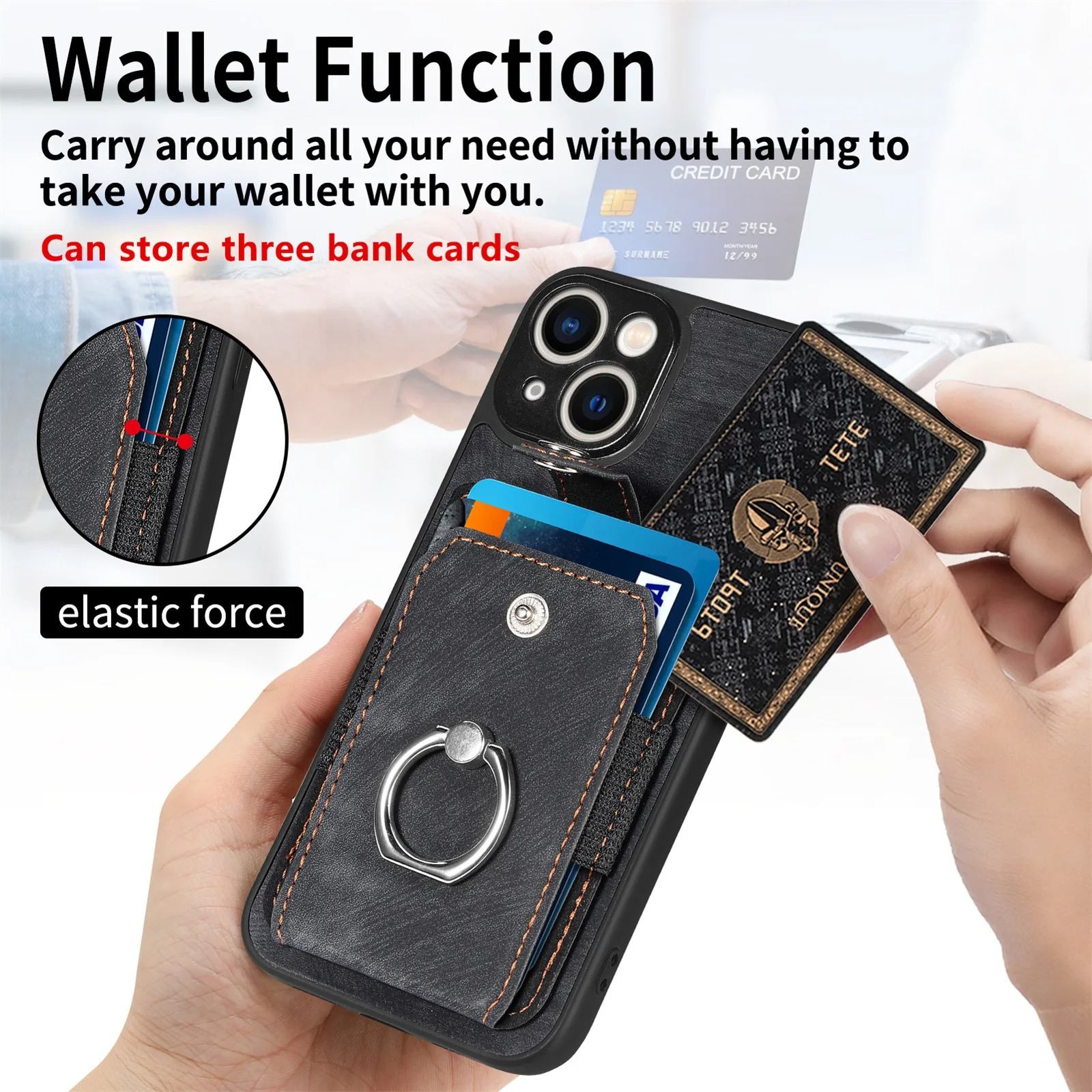 Luxury iPhone Case — Magnetic Leather Wallet Cover with Ring Holder, Card Slot, Kickstand Function and Anti-Scratch Non-Slip TPU + PU Design