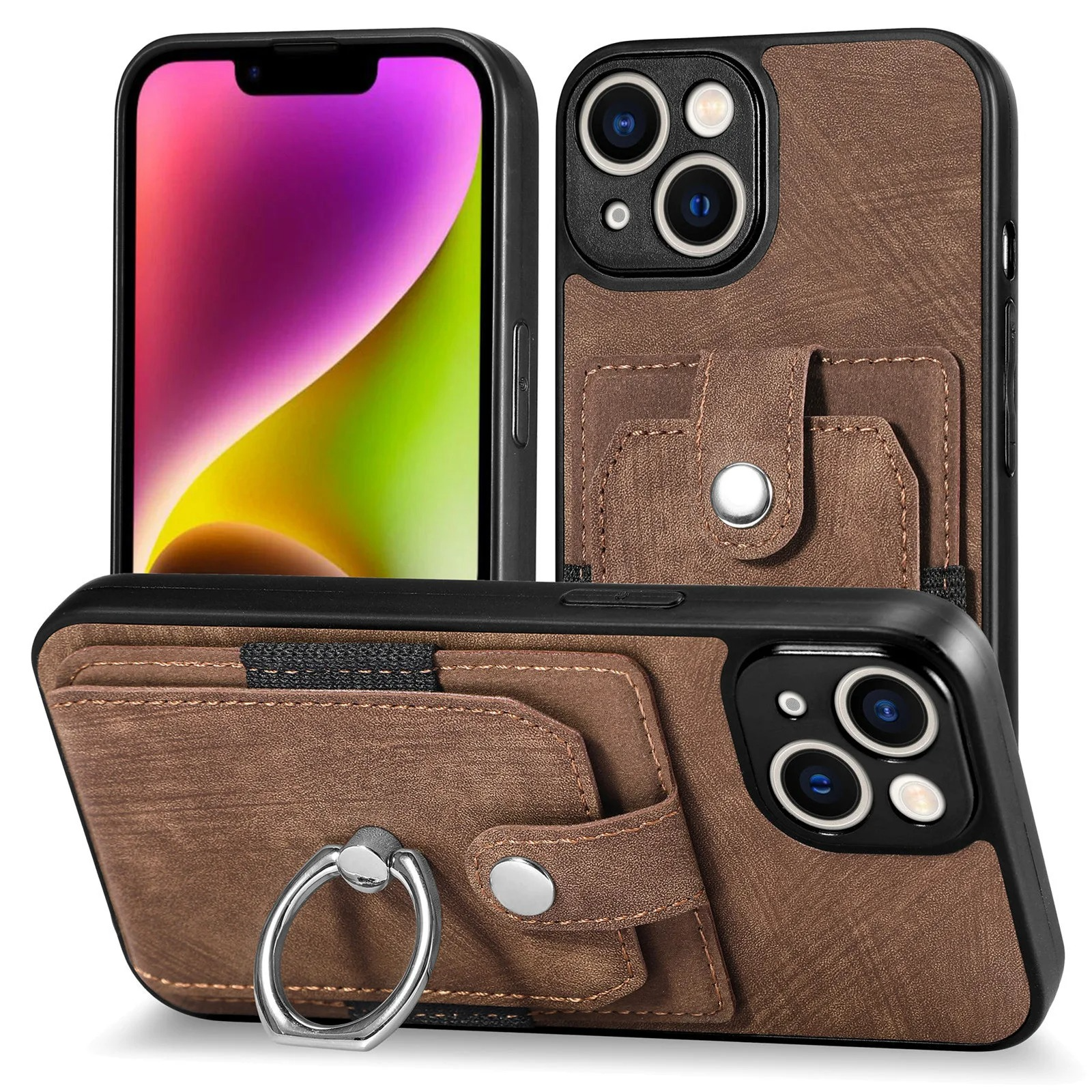 Luxury iPhone Case — Magnetic Leather Wallet Cover with Ring Holder, Card Slot, Kickstand Function and Anti-Scratch Non-Slip TPU + PU Design