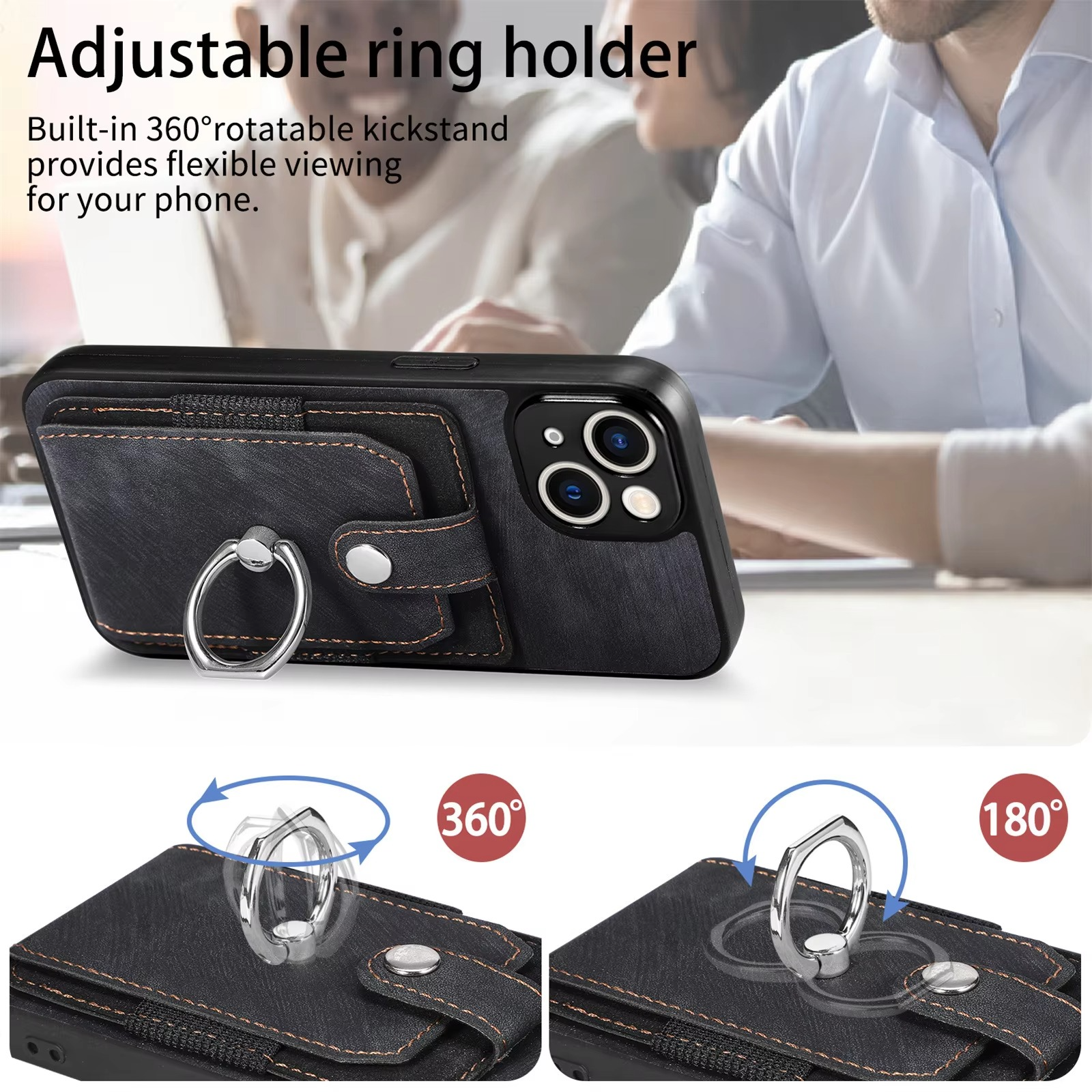 Luxury iPhone Case — Magnetic Leather Wallet Cover with Ring Holder, Card Slot, Kickstand Function and Anti-Scratch Non-Slip TPU + PU Design