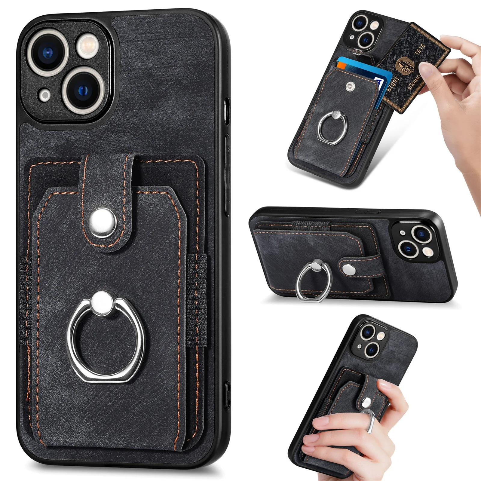 Luxury iPhone Case — Magnetic Leather Wallet Cover with Ring Holder, Card Slot, Kickstand Function and Anti-Scratch Non-Slip TPU + PU Design