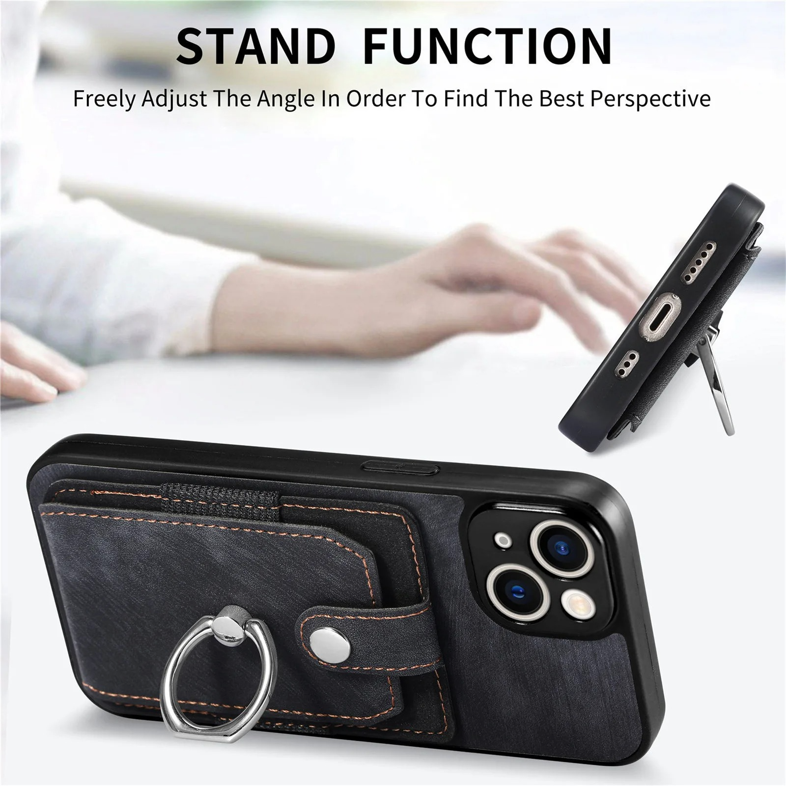 Luxury iPhone Case — Magnetic Leather Wallet Cover with Ring Holder, Card Slot, Kickstand Function and Anti-Scratch Non-Slip TPU + PU Design