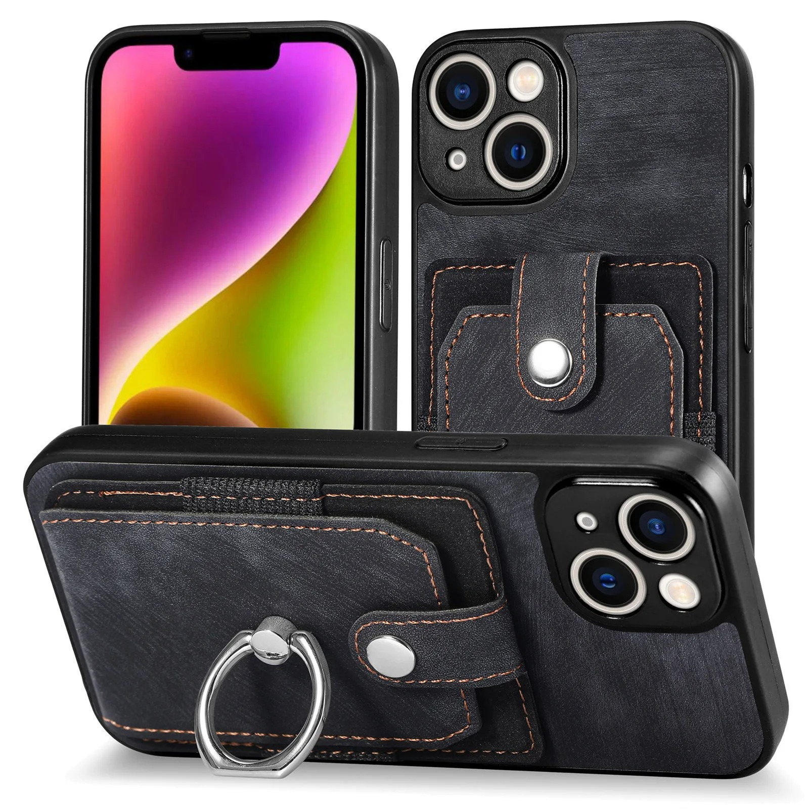 Luxury iPhone Case — Magnetic Leather Wallet Cover with Ring Holder, Card Slot, Kickstand Function and Anti-Scratch Non-Slip TPU + PU Design